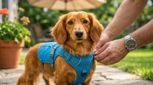 Close-up of a secure, adjustable cooling vest for dogs, ensuring comfort during Canadian summer heatwaves.