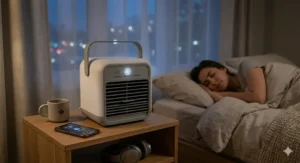A small personal air cooler placed on a Canadian home bookshelf.