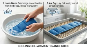 Simple graphic showing the hand-wash instructions for the cooling collar for dogs.