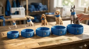 Scale illustration of cooling collars for dogs available in sizes from small to extra large.