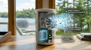 Close-up of rechargeable fan technology and airflow. Gros plan sur la technologie de ventilation rechargeable.