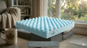 Illustration of cooling gel layer dispersing heat from a dog bed surface.