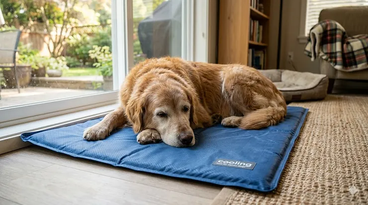 Senior dog resting comfortably on a cooling mat during a summer day.