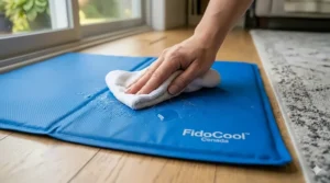 Close-up view demonstrating the wipe-clean, water-resistant surface of a dog mat.