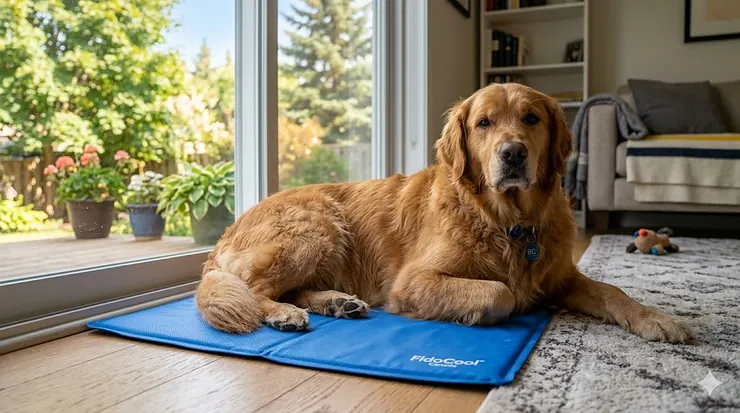 Golden Retriever resting comfortably on a cooling pad during a warm summer day. cooling pad for dogs with thick fur
