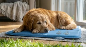 Senior dog finding relief for sore joints on an orthopedic cooling mat.