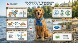 Infographic detailing the key benefits and safety features of a dog cooling towel.