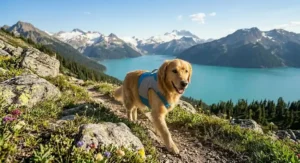 Illustration showing the correct fit of a cooling vest on a dog to ensure mobility for Canadian hiking. (Guide de taille pour gilet rafraîchissant)