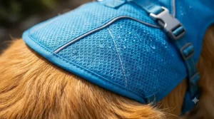 Detailed view of the moisture-wicking fabric and evaporative cooling technology of a canine cooling vest.