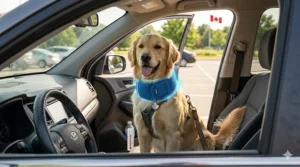 Safety illustration of a dog staying cool in a car with a cooling collar.