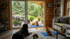 A fluffy dog staying cool on a mat placed in a shaded area on a Canadian patio.