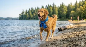 A Golden Retriever wearing a cooling towel while walking on a Canadian beach.