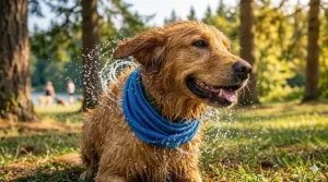 Close-up of a dog with a cooling towel shaking off water, highlighting the cooling fabric.