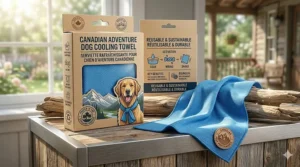 Packaging design for a sustainable, bilingual Canadian adventure dog cooling towel.