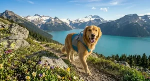 An illustration of a dog and owner hiking in the Rockies, focusing on the dog wearing a cooling vest. (Chien portant un gilet rafraîchissant en montagne)
