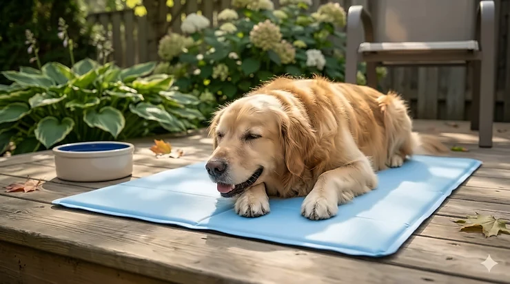 Dog relaxing on a cooling mat in summer cooling mat for dogs summer