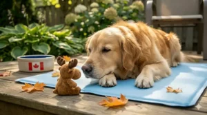 Dog sleeping on a cooling pad indoors
