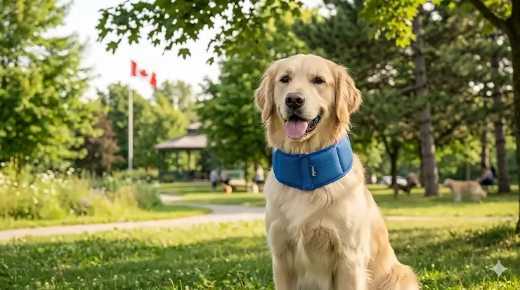 Happy dog wearing a cooling collar for dogs on a hot summer day in a Canadian park. cooling collar for dogs hot weather