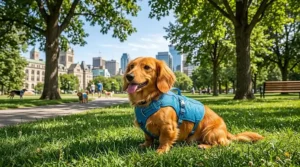 A small dog staying comfortable in a cooling vest during a warm summer afternoon at a Canadian city park.