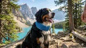 Illustration of a dog wearing a cooling collar during a hike in the Canadian wilderness.