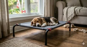 Small dog sleeping comfortably on an indoor elevated cooling pet bed.