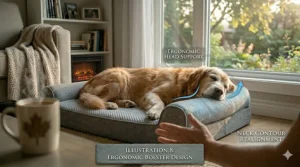 Orthopedic dog bed with ergonomic bolsters for head and neck support.