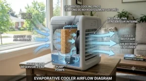Diagram showing how evaporative coolers pull air through water-saturated pads.