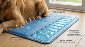 Diagram showing how gel-cooling technology draws body heat away from a dog.