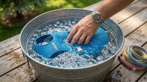 Instructions for activating a dog cooling vest by soaking it in water to keep pets cool in hot weather.