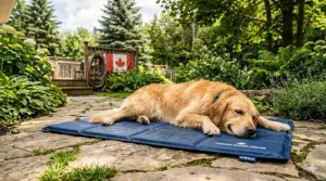 Golden Retriever relaxing on a large dog cooling mat during a sunny Canadian summer day.