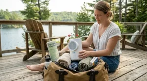 Person packing a compact rechargeable AC for travel. Personne emballant un climatiseur rechargeable pour voyager.