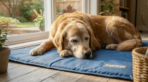 Durable, non-toxic cooling mat surface for senior dog comfort.