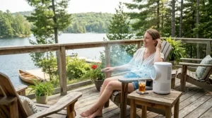 Enjoying a cool breeze on a patio with personal AC. Brise fraîche sur une terrasse avec un climatiseur personnel.