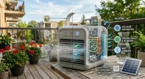 Using a rechargeable personal air conditioner on a balcony.