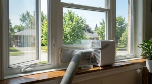 Portable AC unit with exhaust hose installed in a Canadian home window.