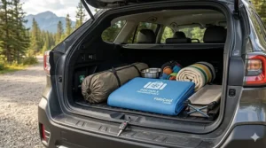 Portable cooling mat being folded for travel.