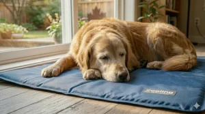 Portable cooling mat for senior dogs used on a backyard deck.