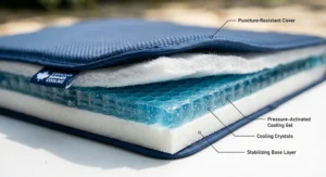 A folded large dog cooling mat being packed for a summer road trip in Canada.