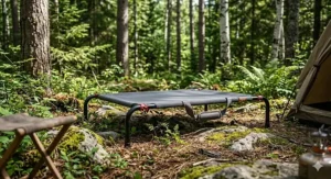 Lightweight portable elevated cooling pet bed for camping trips.