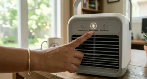 A hand holding a lightweight rechargeable personal air conditioner.
