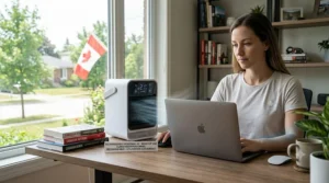 A compact, rechargeable personal AC unit placed on a home office desk.