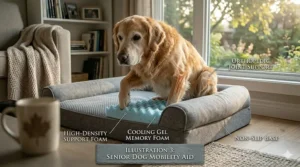 Senior dog easily rising from a firm, supportive orthopedic dog bed.