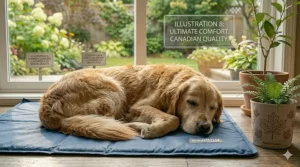 Close-up of a senior dog sleeping peacefully on a cooling mat.