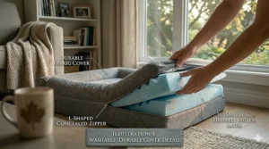 Close-up of a durable, machine-washable fabric cover on an orthopedic dog bed.