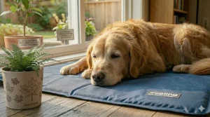 Water-resistant fabric cooling mat designed for senior dogs.