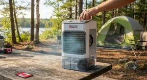 Using a battery powered evaporative cooler at a campsite