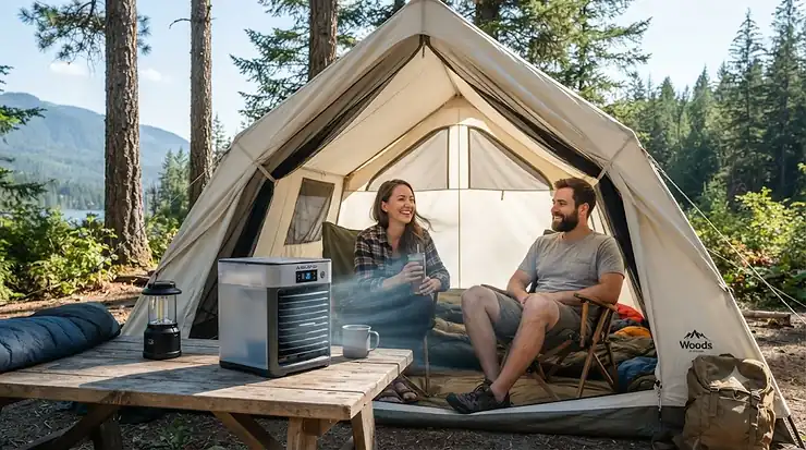 Portable battery evaporative cooler keeping a tent cool in a Canadian campground. battery evaporative cooler for camping