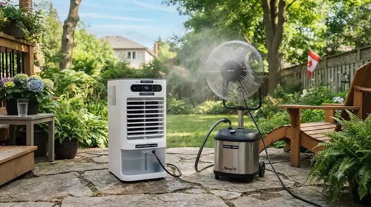 Comparing a battery evaporative cooler vs misting fan for Canadian summers.