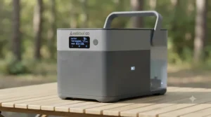 Close-up of the long-lasting battery indicator on a portable evaporative cooler.