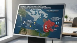 A map of Canada highlighting dry regions suitable for swamp coolers versus humid zones requiring air conditioning.